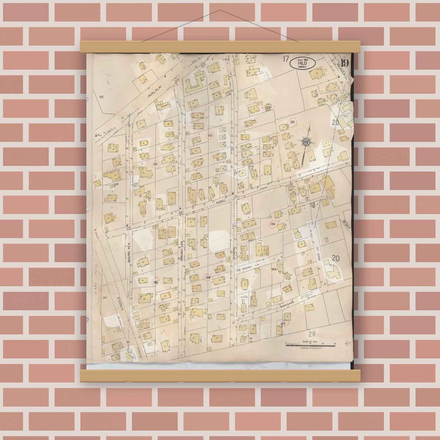 Old map wall art mockup — magnetic wood frame on brick wall — Sanborn Fire Insurance Map from Hilo, Hawaii County, Hawaii (1957), Sheet #0019