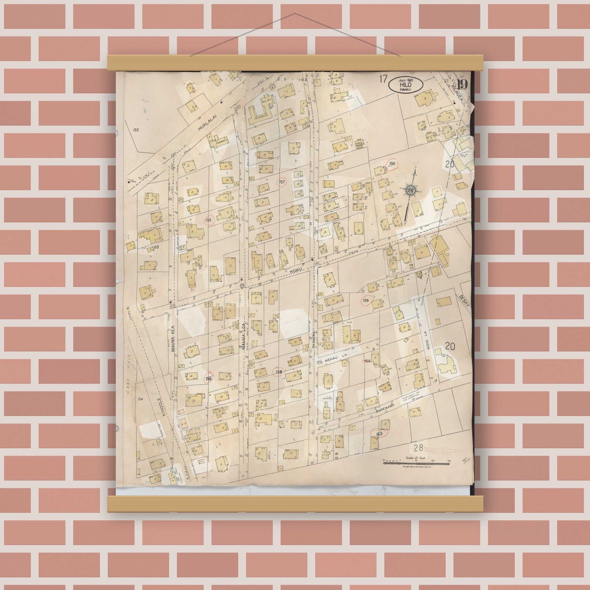Old map wall art mockup — magnetic wood frame on brick wall — Sanborn Fire Insurance Map from Hilo, Hawaii County, Hawaii (1957), Sheet #0019