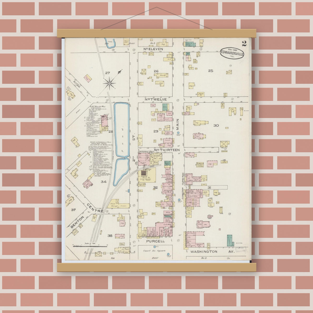 Old map wall art mockup — magnetic wood frame on brick wall — Sanborn Fire Insurance Map from Edwardsville, Madison County, Illinois (1886), Sheet #0002