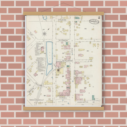 Old map wall art mockup — magnetic wood frame on brick wall — Sanborn Fire Insurance Map from Edwardsville, Madison County, Illinois (1886), Sheet #0002