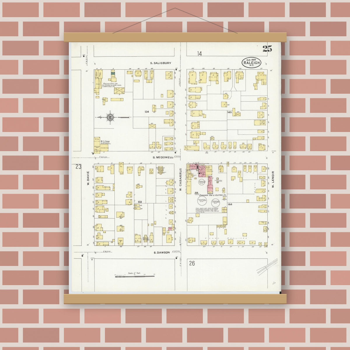 Old map wall art mockup — magnetic wood frame on brick wall — Sanborn Fire Insurance Map from Raleigh, Wake County, North Carolina (1909), Sheet #0025