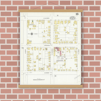 Old map wall art mockup — magnetic wood frame on brick wall — Sanborn Fire Insurance Map from Raleigh, Wake County, North Carolina (1909), Sheet #0025