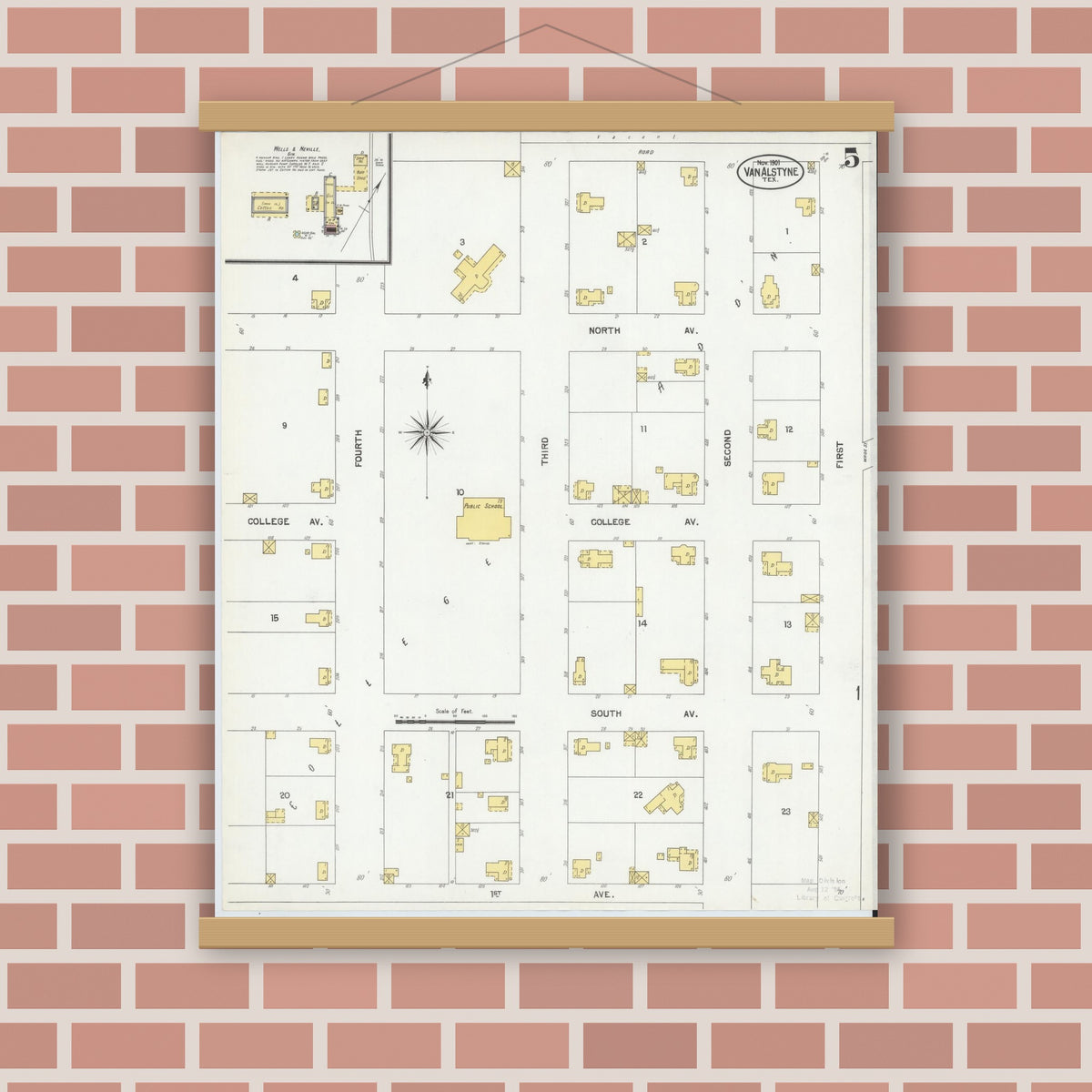 Old map wall art mockup — magnetic wood frame on brick wall — Sanborn Fire Insurance Map from Van Alstyne, Grayson County, Texas (1901), Sheet #0005