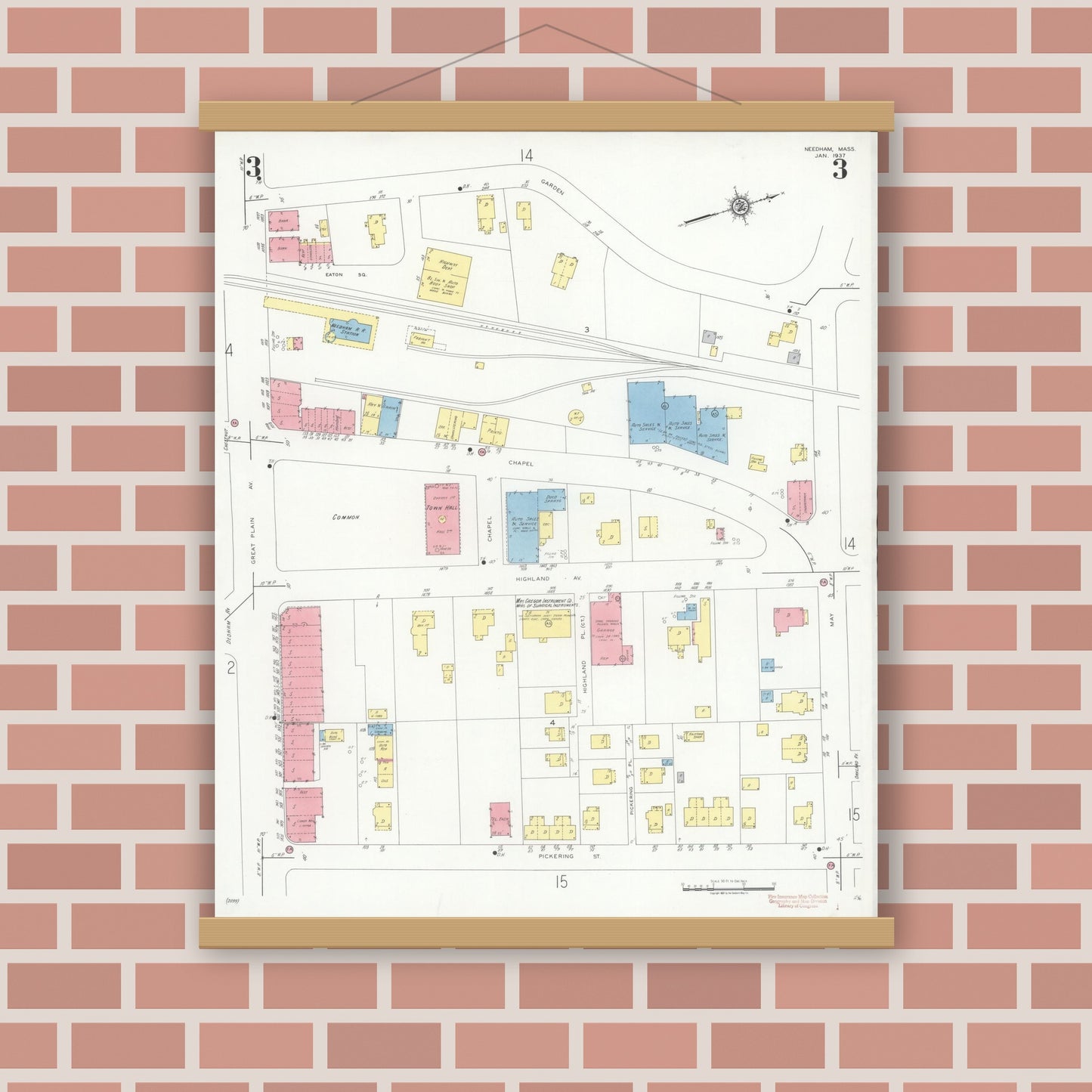 Old map wall art mockup — magnetic wood frame on brick wall — Sanborn Fire Insurance Map from Needham, Norfolk County, Massachusetts (1937), Sheet #0003