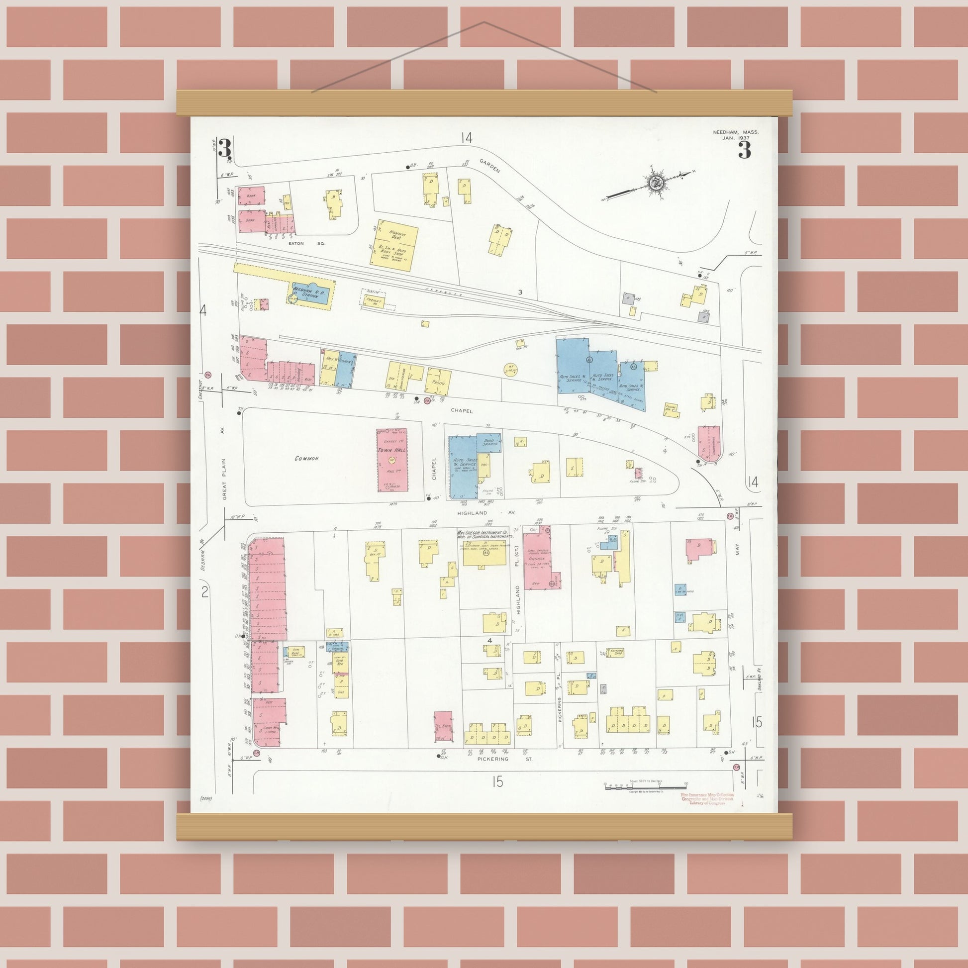 Old map wall art mockup — magnetic wood frame on brick wall — Sanborn Fire Insurance Map from Needham, Norfolk County, Massachusetts (1937), Sheet #0003