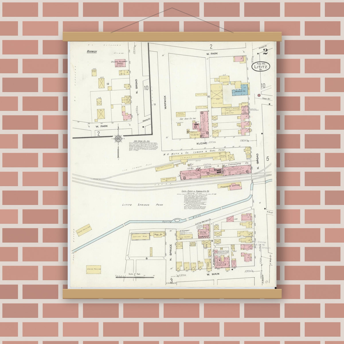 Old map wall art mockup — magnetic wood frame on brick wall — Sanborn Fire Insurance Map from Lititz, Lancaster County, Pennsylvania (1912), Sheet #0002