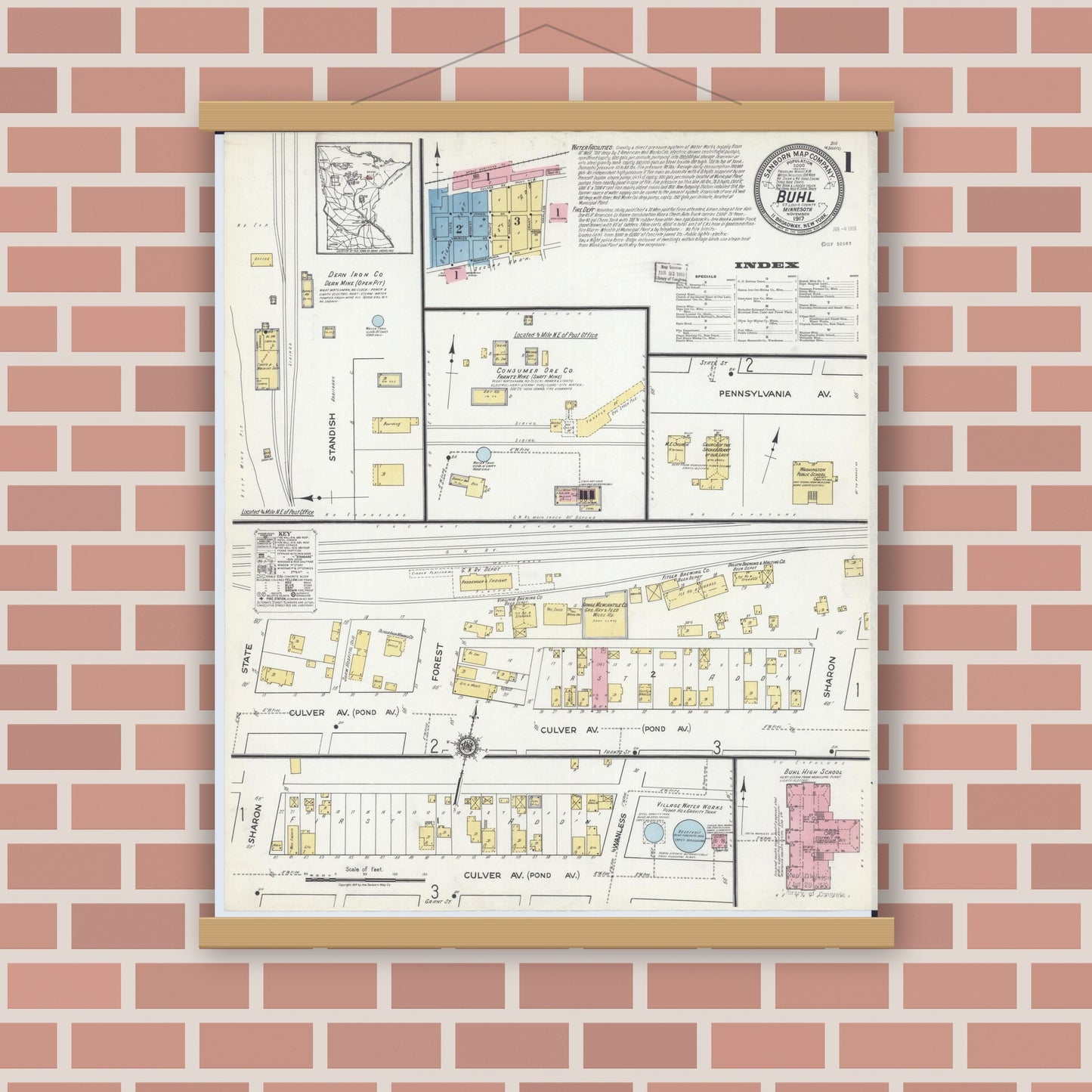 Old map wall art mockup — magnetic wood frame on brick wall — Sanborn Fire Insurance Map from Buhl, Saint Louis County, Minnesota (1917) - Complete Map Set