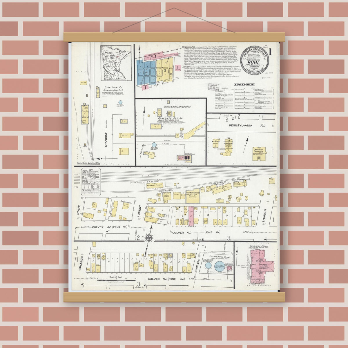 Old map wall art mockup — magnetic wood frame on brick wall — Sanborn Fire Insurance Map from Buhl, Saint Louis County, Minnesota (1917) - Complete Map Set