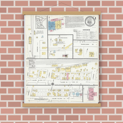 Old map wall art mockup — magnetic wood frame on brick wall — Sanborn Fire Insurance Map from Buhl, Saint Louis County, Minnesota (1917) - Complete Map Set