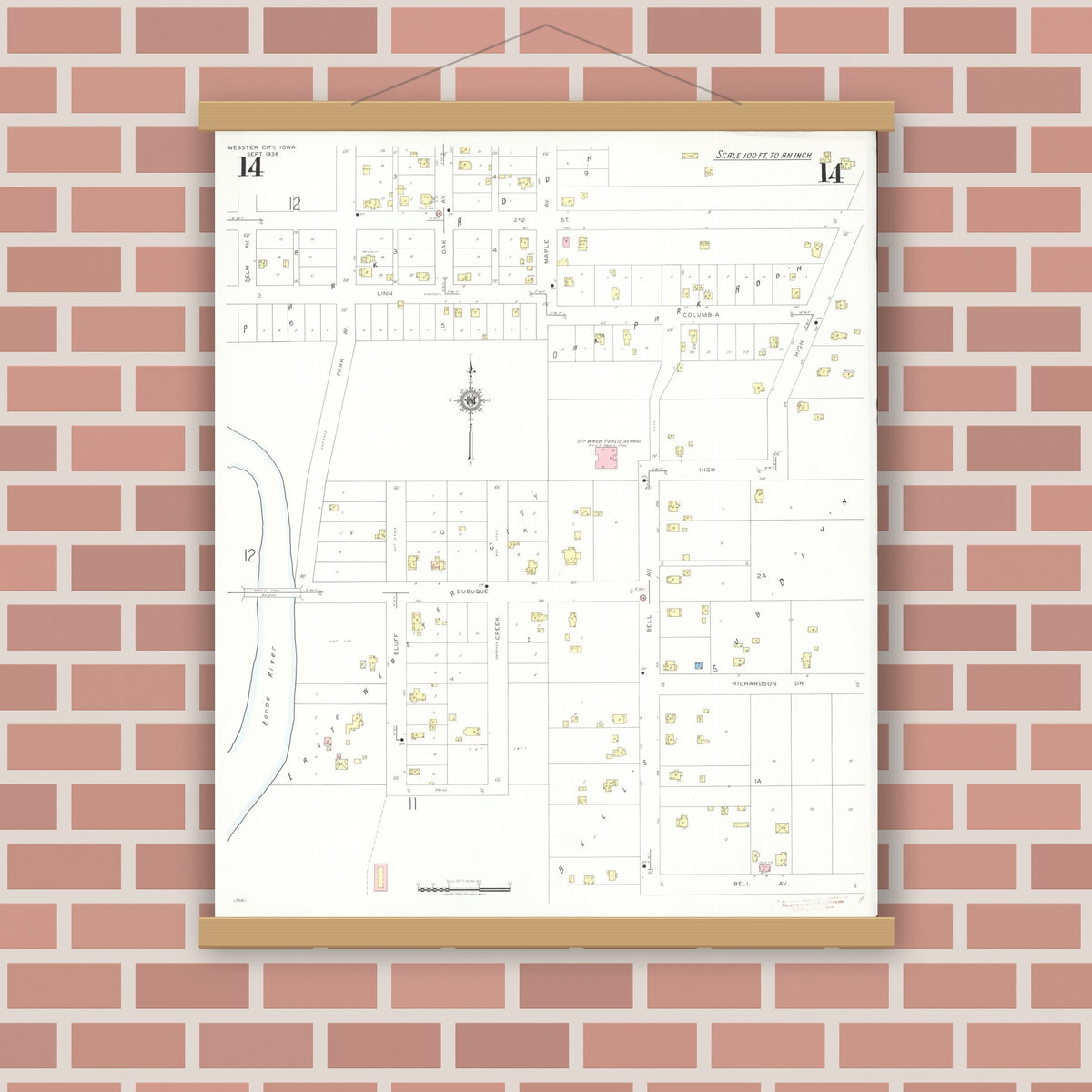 Old map wall art mockup — magnetic wood frame on brick wall — Sanborn Fire Insurance Map from Webster City, Hamilton County, Iowa (1938), Sheet #0014
