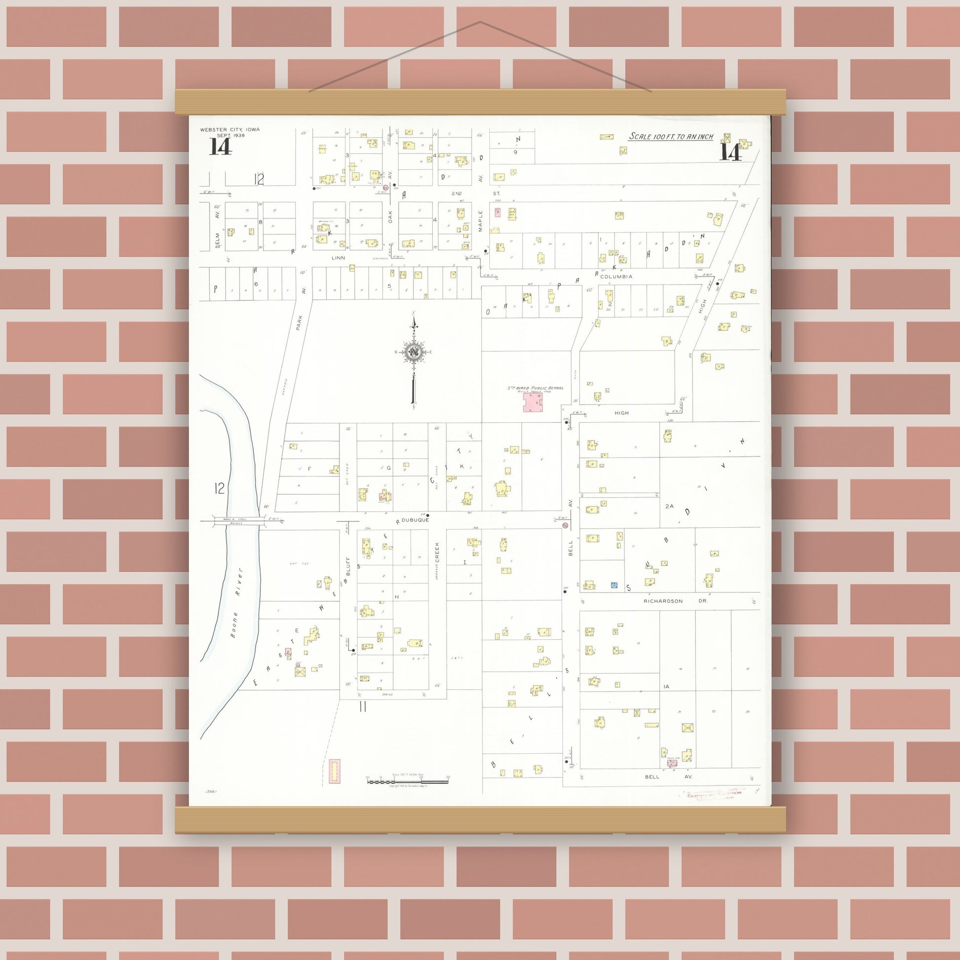 Old map wall art mockup — magnetic wood frame on brick wall — Sanborn Fire Insurance Map from Webster City, Hamilton County, Iowa (1938), Sheet #0014
