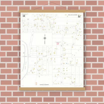 Old map wall art mockup — magnetic wood frame on brick wall — Sanborn Fire Insurance Map from Webster City, Hamilton County, Iowa (1938), Sheet #0014