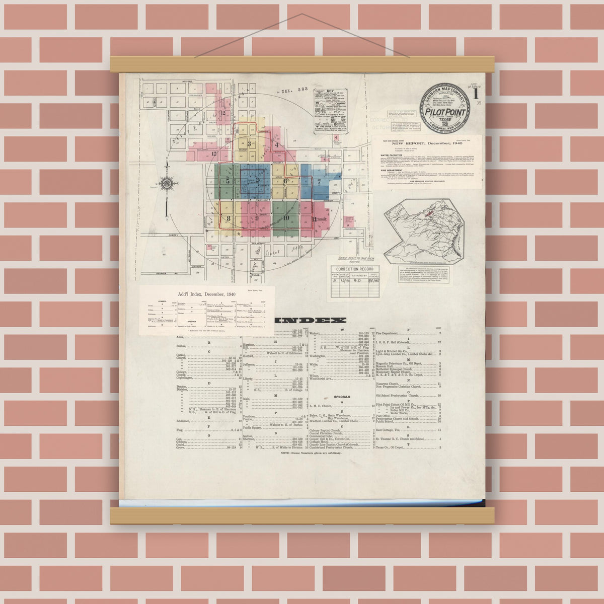 Old map wall art mockup — magnetic wood frame on brick wall — Sanborn Fire Insurance Map from Pilot Point, Denton County, Texas (1940), Sheet #0001