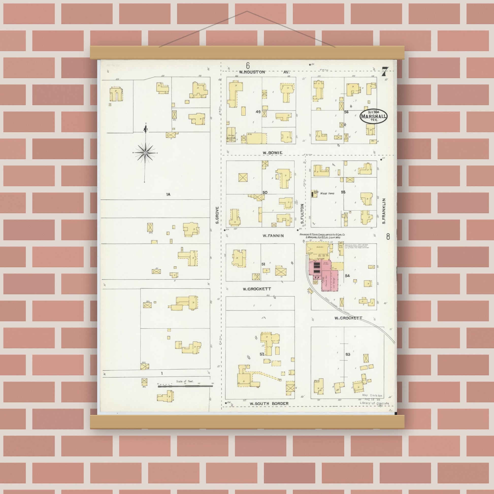 Old map wall art mockup — magnetic wood frame on brick wall — Sanborn Fire Insurance Map from Marshall, Harrison County, Texas (1904), Sheet #0007
