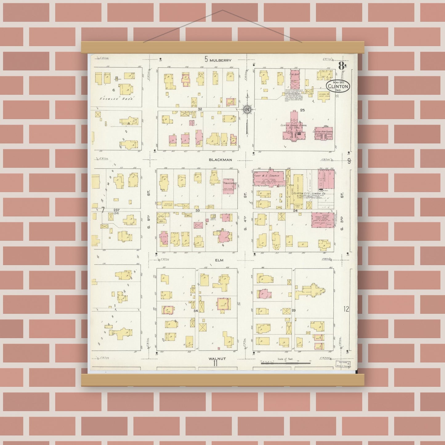 Old map wall art mockup — magnetic wood frame on brick wall — Sanborn Fire Insurance Map from Clinton, Vermillion County, Indiana (1915), Sheet #0008