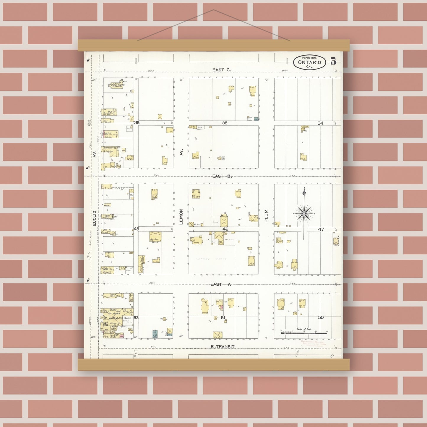 Old map wall art mockup — magnetic wood frame on brick wall — Sanborn Fire Insurance Map from Ontario, San Bernardino County, California (1895), Sheet #0005