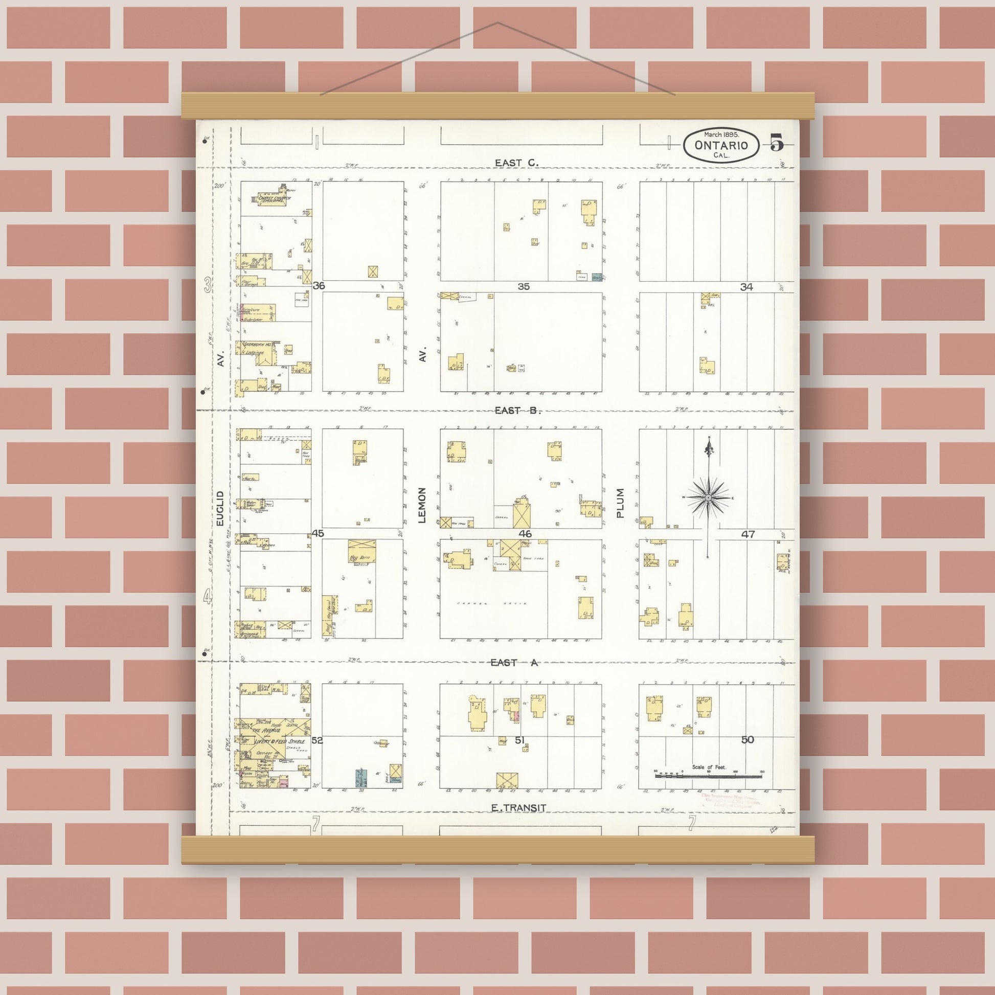 Old map wall art mockup — magnetic wood frame on brick wall — Sanborn Fire Insurance Map from Ontario, San Bernardino County, California (1895), Sheet #0005