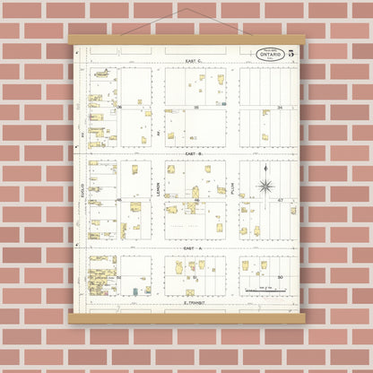Old map wall art mockup — magnetic wood frame on brick wall — Sanborn Fire Insurance Map from Ontario, San Bernardino County, California (1895), Sheet #0005