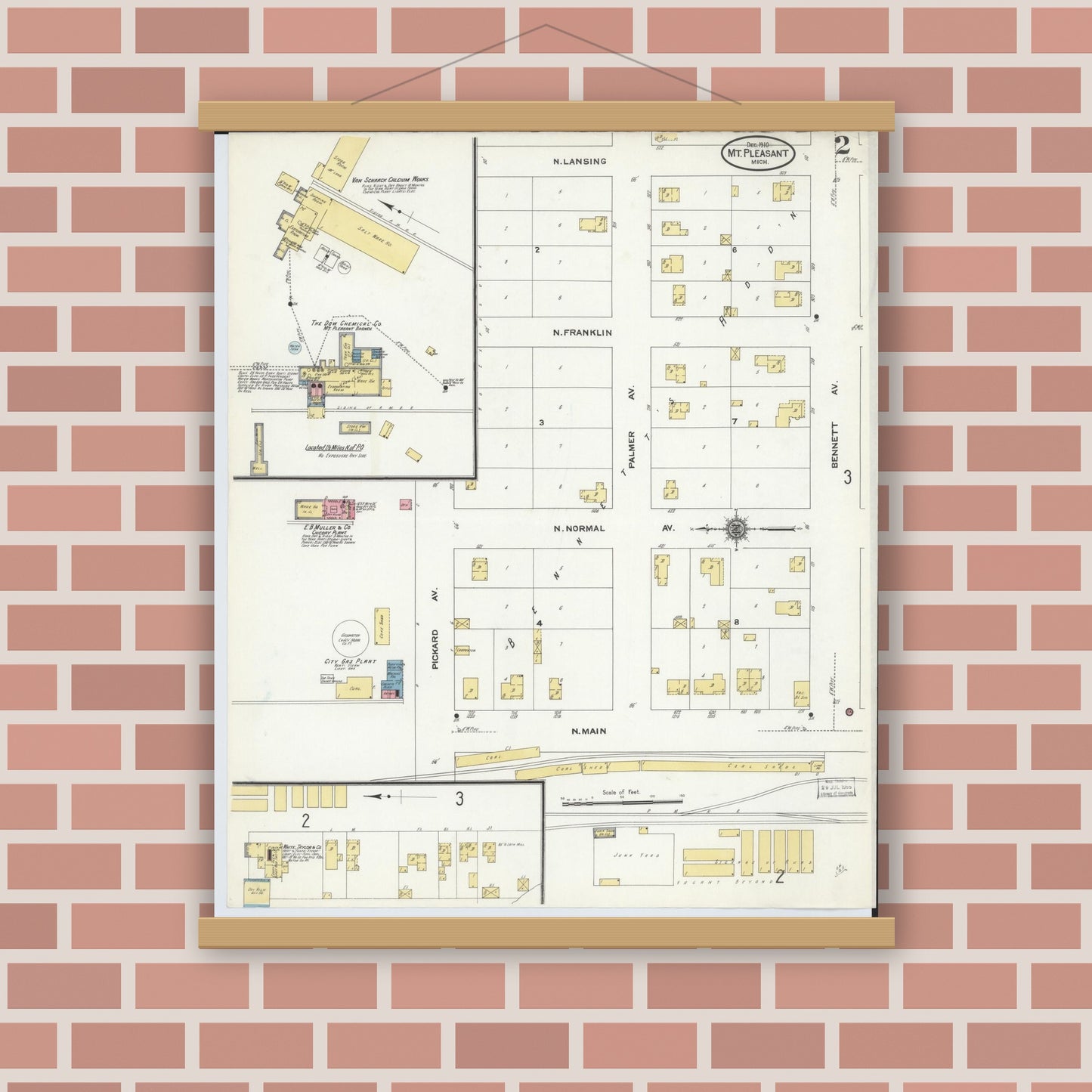 Old map wall art mockup — magnetic wood frame on brick wall — Sanborn Fire Insurance Map from Mount Pleasant, Isabella County, Michigan (1910), Sheet #0002