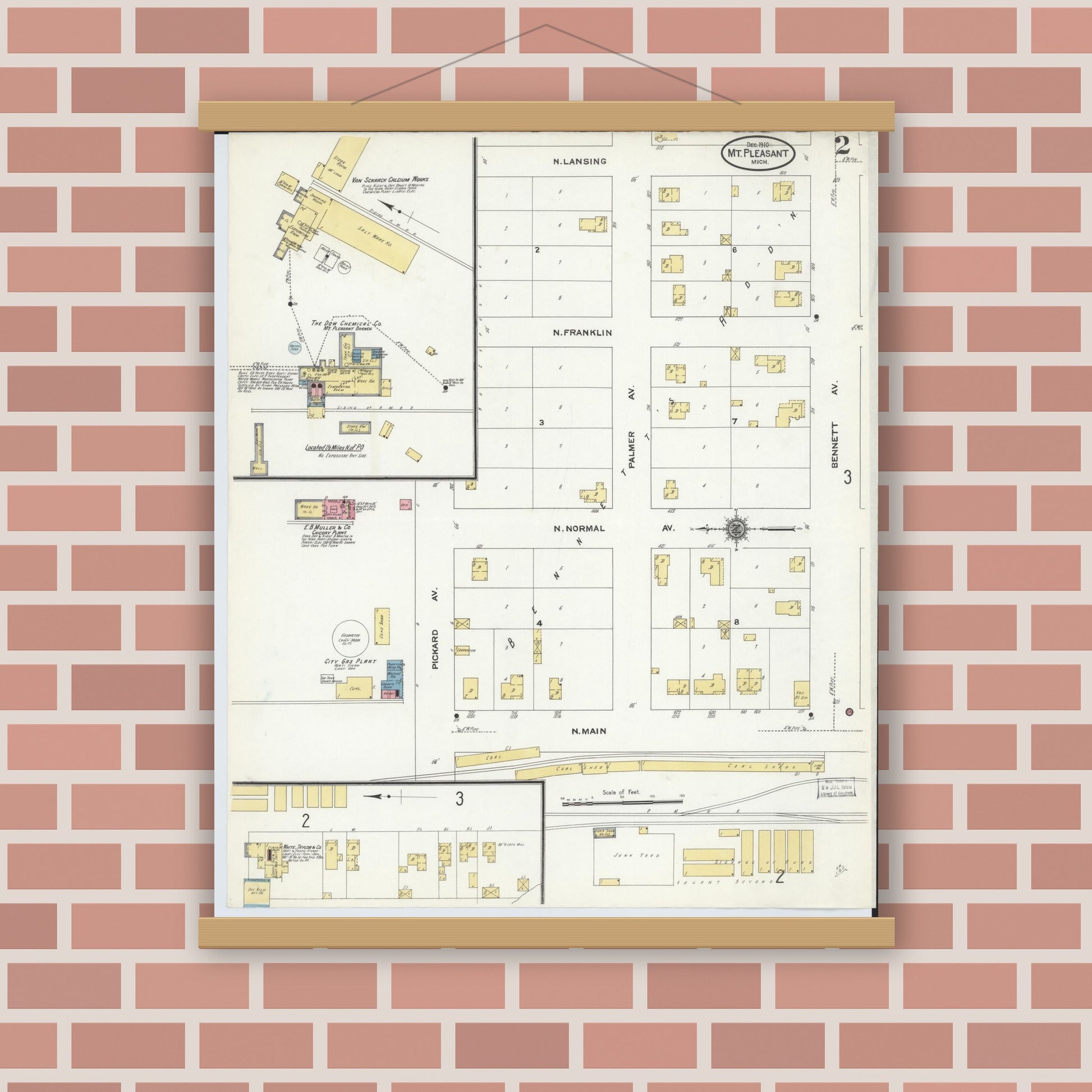 Old map wall art mockup — magnetic wood frame on brick wall — Sanborn Fire Insurance Map from Mount Pleasant, Isabella County, Michigan (1910), Sheet #0002