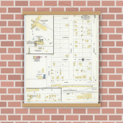 Old map wall art mockup — magnetic wood frame on brick wall — Sanborn Fire Insurance Map from Mount Pleasant, Isabella County, Michigan (1910), Sheet #0002