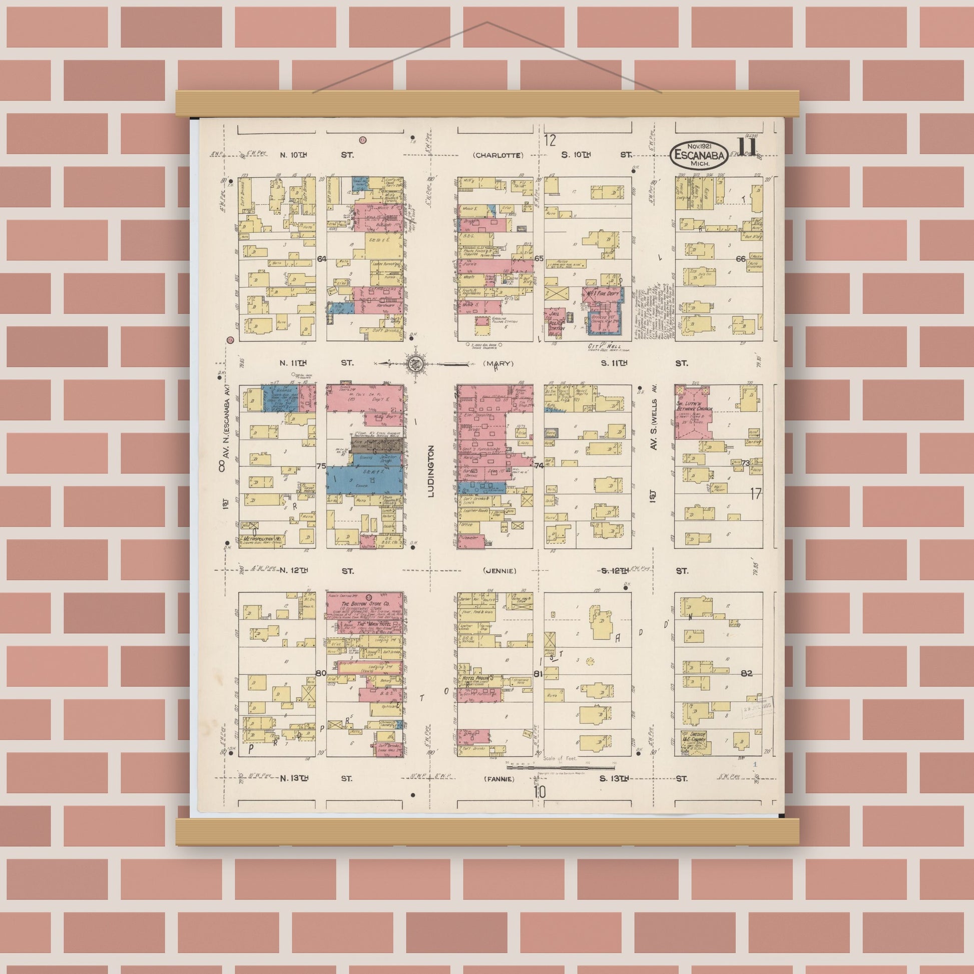 Old map wall art mockup — magnetic wood frame on brick wall — Sanborn Fire Insurance Map from Escanaba, Delta County, Michigan (1921), Sheet #0011