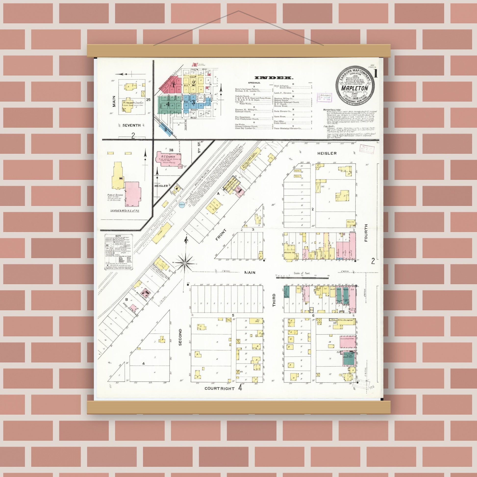 Old map wall art mockup — magnetic wood frame on brick wall — Sanborn Fire Insurance Map from Mapleton, Monona County, Iowa (1909), Sheet #0001
