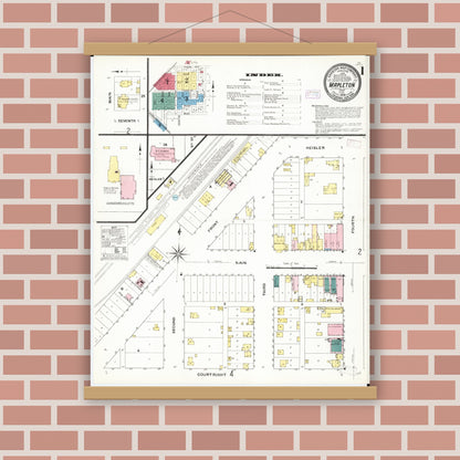 Old map wall art mockup — magnetic wood frame on brick wall — Sanborn Fire Insurance Map from Mapleton, Monona County, Iowa (1909), Sheet #0001