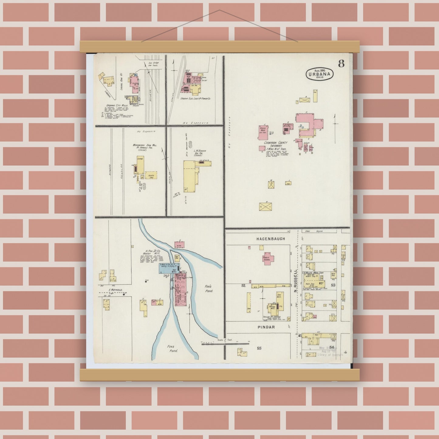 Old map wall art mockup — magnetic wood frame on brick wall — Sanborn Fire Insurance Map from Urbana, Champaign County, Ohio (1895), Sheet #0008