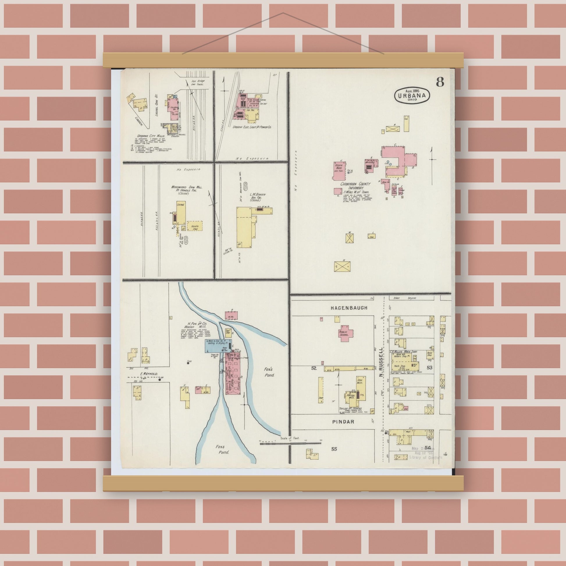 Old map wall art mockup — magnetic wood frame on brick wall — Sanborn Fire Insurance Map from Urbana, Champaign County, Ohio (1895), Sheet #0008