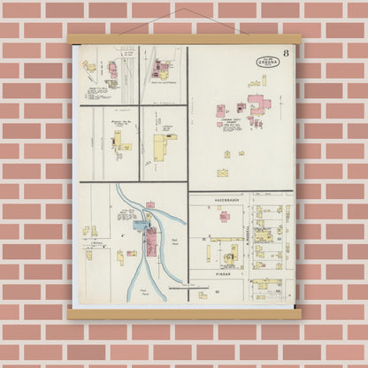 Old map wall art mockup — magnetic wood frame on brick wall — Sanborn Fire Insurance Map from Urbana, Champaign County, Ohio (1895), Sheet #0008