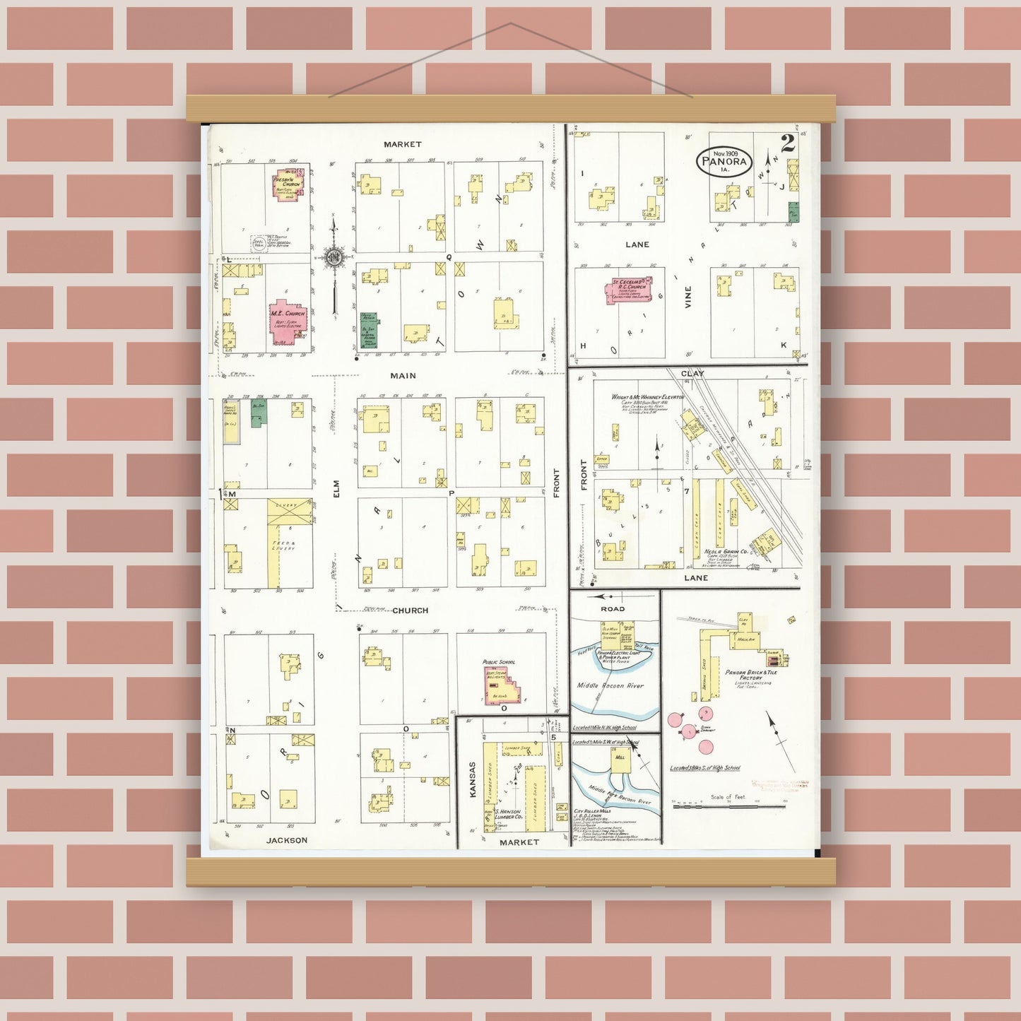 Old map wall art mockup — magnetic wood frame on brick wall — Sanborn Fire Insurance Map from Panora, Guthrie County, Iowa (1909), Sheet #0002