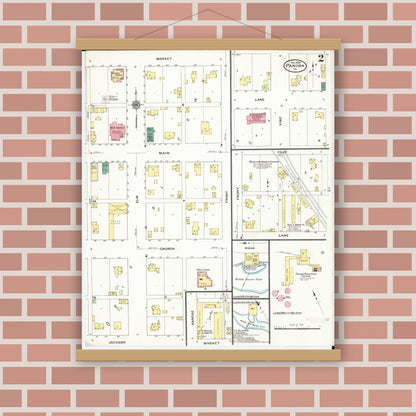 Old map wall art mockup — magnetic wood frame on brick wall — Sanborn Fire Insurance Map from Panora, Guthrie County, Iowa (1909), Sheet #0002