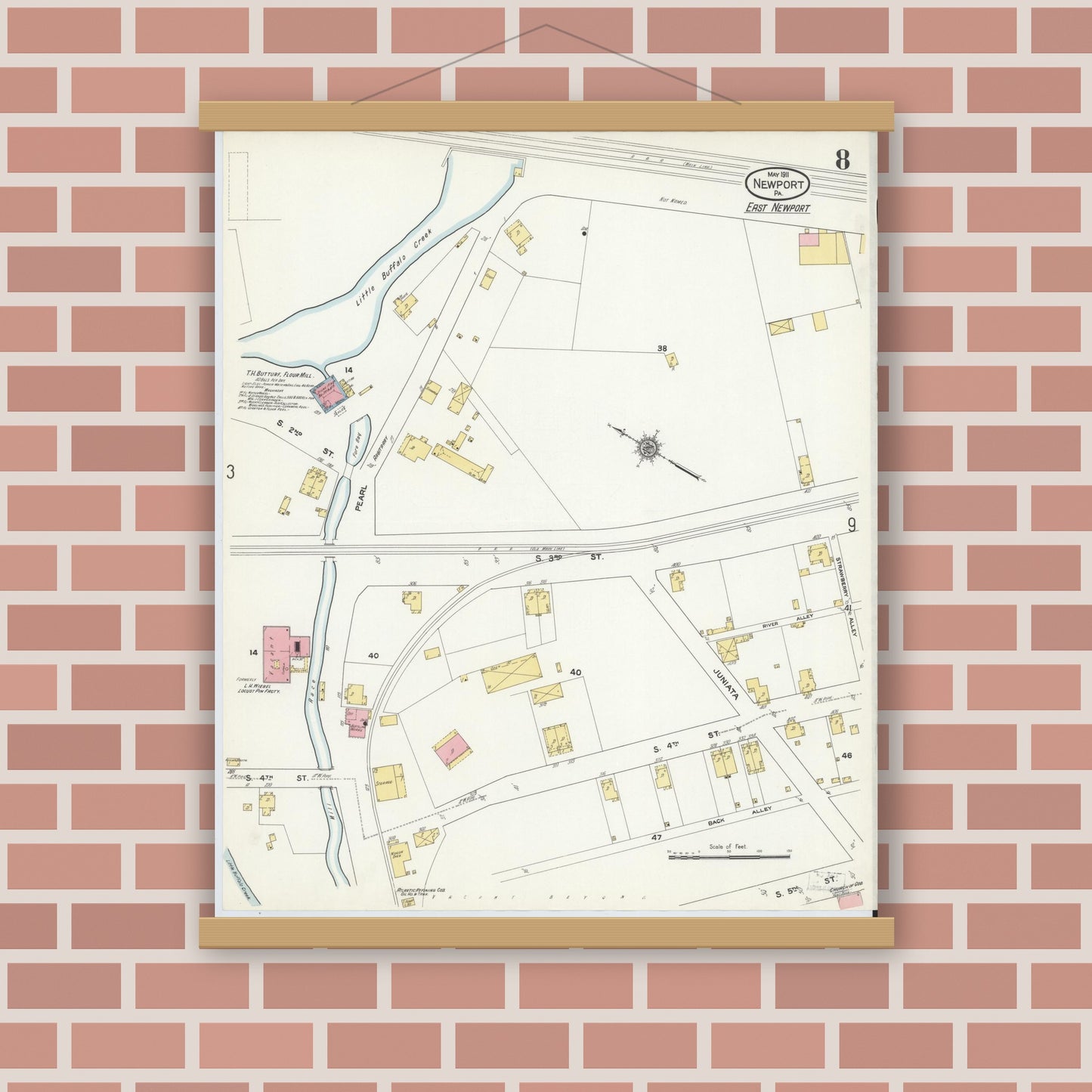 Old map wall art mockup — magnetic wood frame on brick wall — Sanborn Fire Insurance Map from Newport, Perry County, Pennsylvania (1911), Sheet #0008