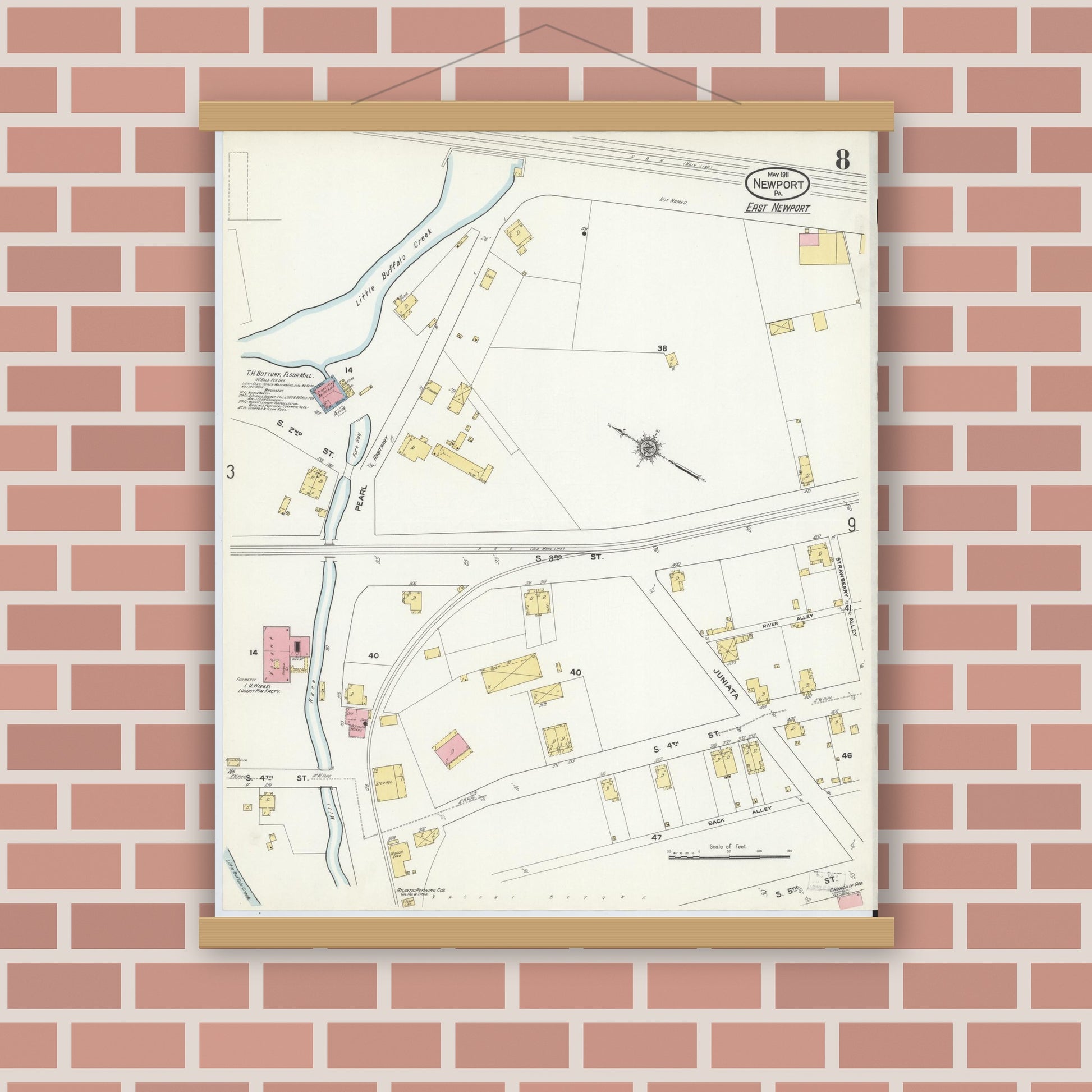 Old map wall art mockup — magnetic wood frame on brick wall — Sanborn Fire Insurance Map from Newport, Perry County, Pennsylvania (1911), Sheet #0008
