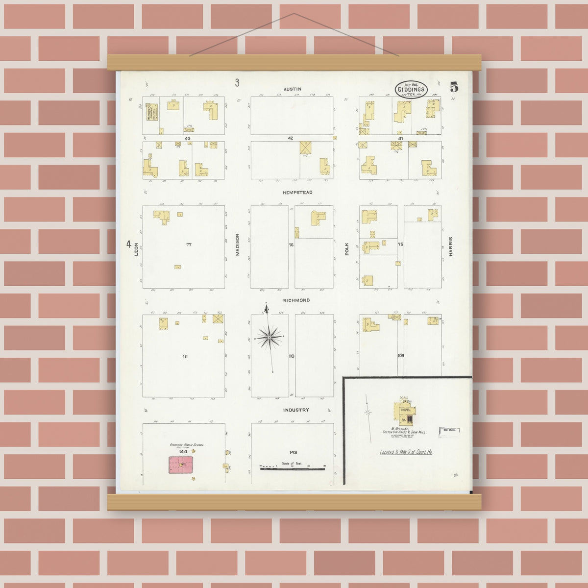 Old map wall art mockup — magnetic wood frame on brick wall — Sanborn Fire Insurance Map from Giddings, Lee County, Texas (1906), Sheet #0005