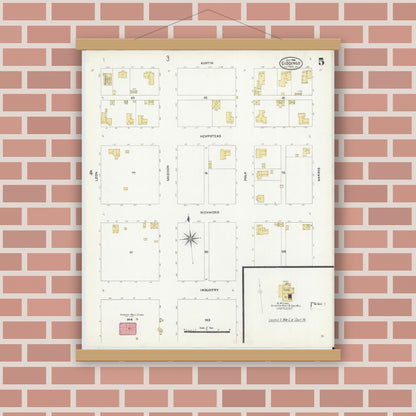 Old map wall art mockup — magnetic wood frame on brick wall — Sanborn Fire Insurance Map from Giddings, Lee County, Texas (1906), Sheet #0005