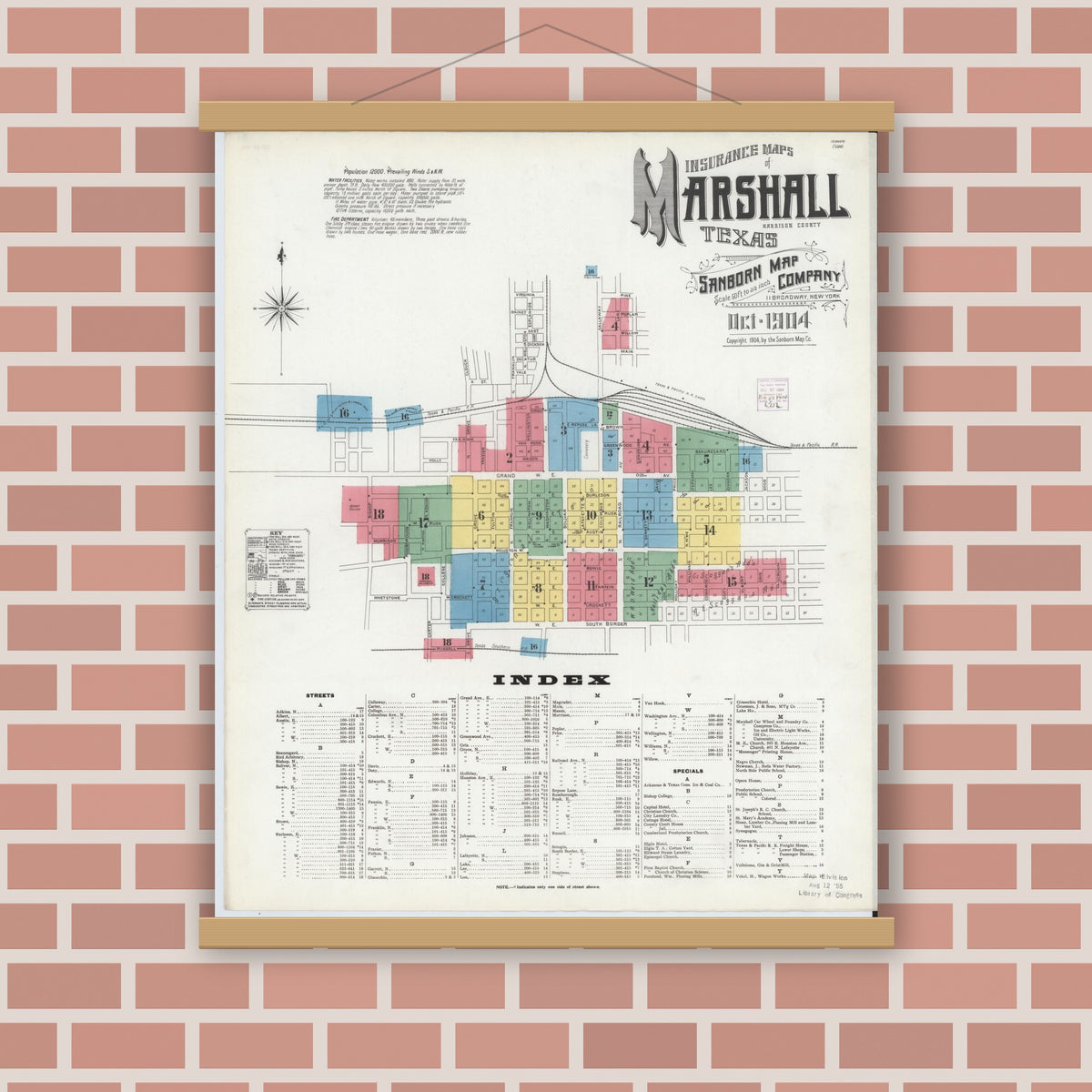 Old map wall art mockup — magnetic wood frame on brick wall — Sanborn Fire Insurance Map from Marshall, Harrison County, Texas (1904) - Complete Map Set