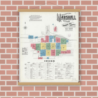 Old map wall art mockup — magnetic wood frame on brick wall — Sanborn Fire Insurance Map from Marshall, Harrison County, Texas (1904) - Complete Map Set