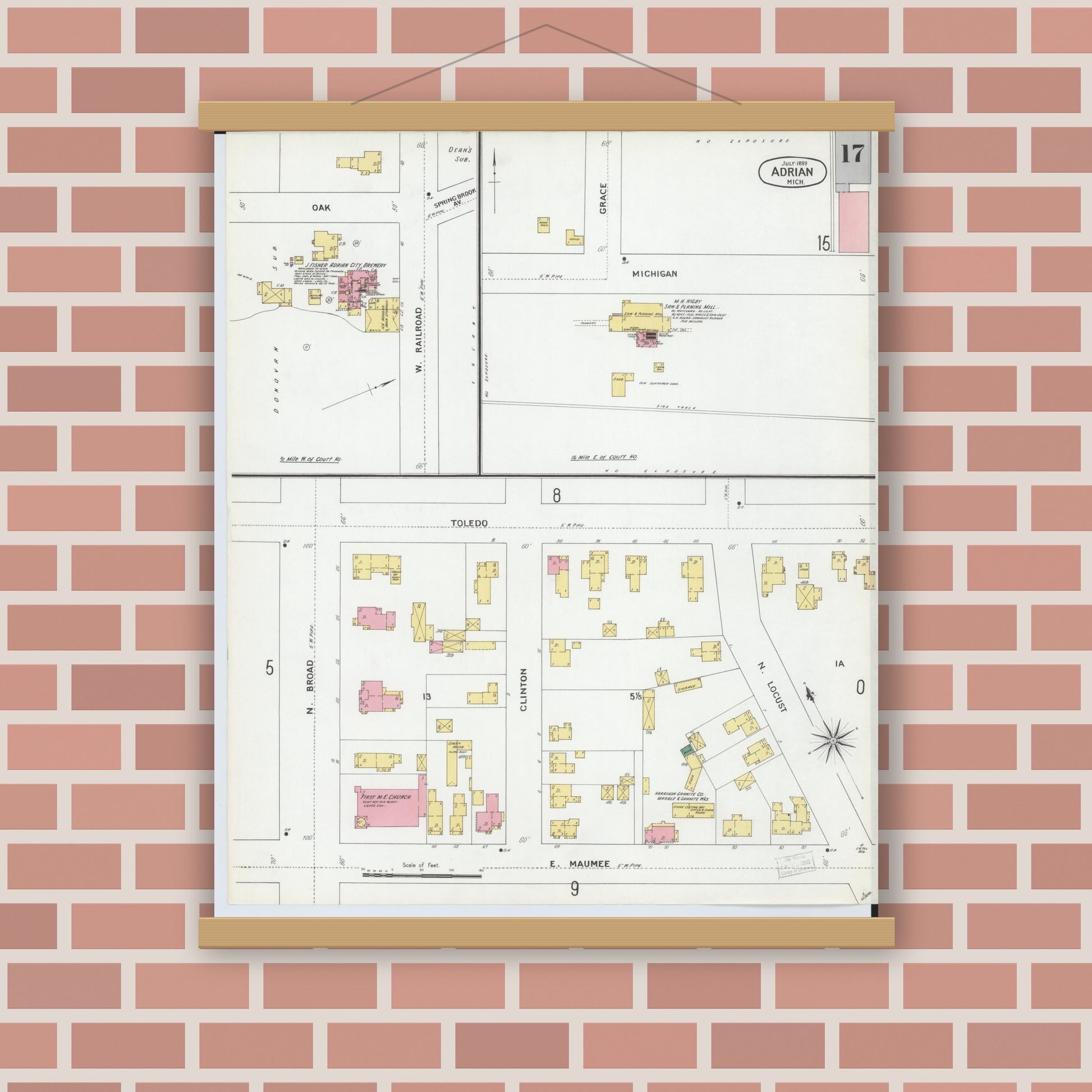 Old map wall art mockup — magnetic wood frame on brick wall — Sanborn Fire Insurance Map from Adrian, Lenawee County, Michigan (1899), Sheet #0017