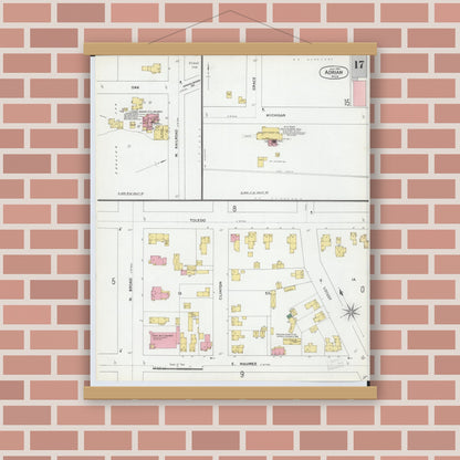 Old map wall art mockup — magnetic wood frame on brick wall — Sanborn Fire Insurance Map from Adrian, Lenawee County, Michigan (1899), Sheet #0017