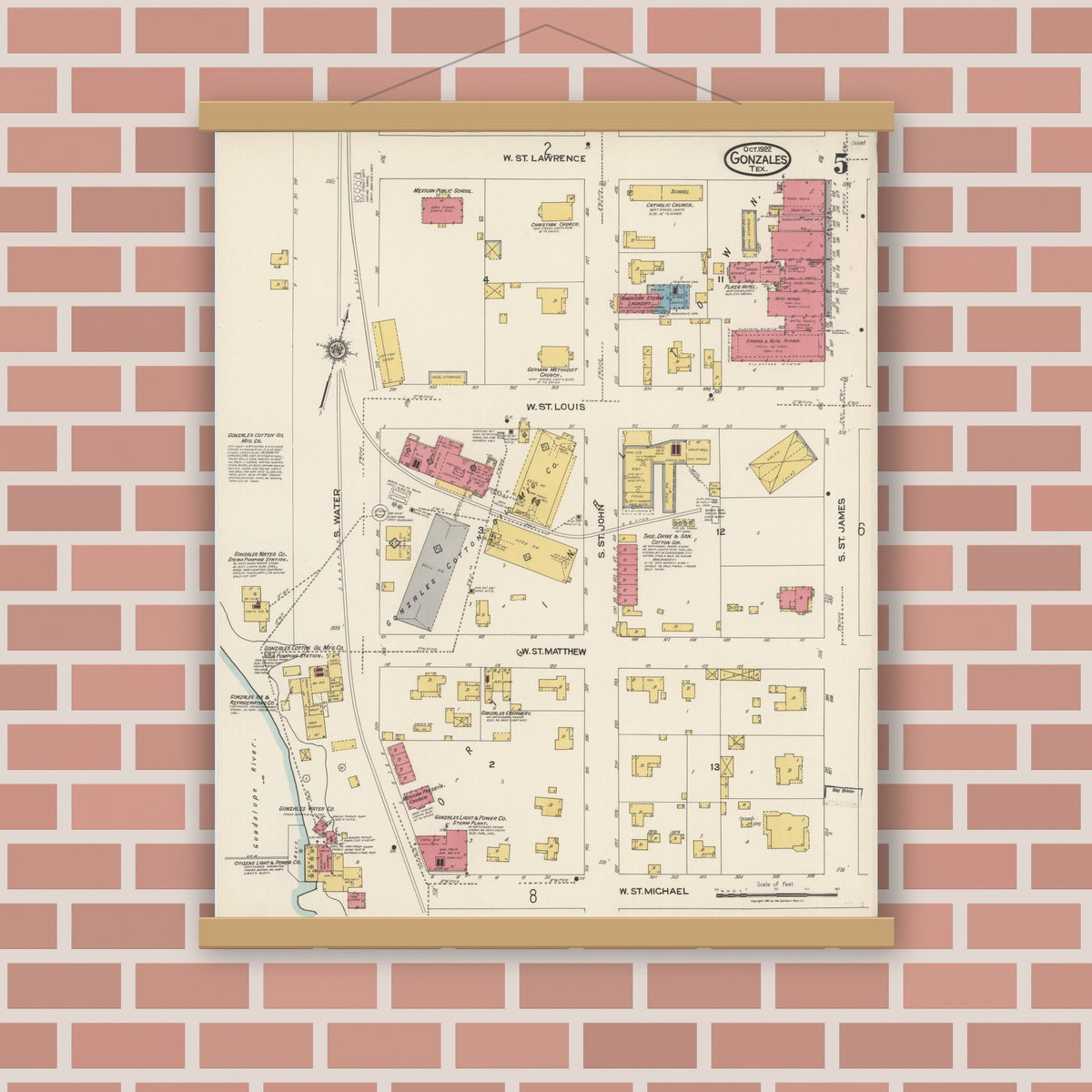 Old map wall art mockup — magnetic wood frame on brick wall — Sanborn Fire Insurance Map from Gonzales, Gonzales County, Texas (1922), Sheet #0005