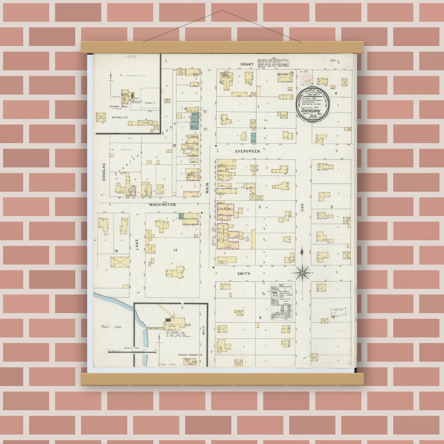 Old map wall art mockup — magnetic wood frame on brick wall — Sanborn Fire Insurance Map from Sheridan, Montcalm County, Michigan (1896), Sheet #0001