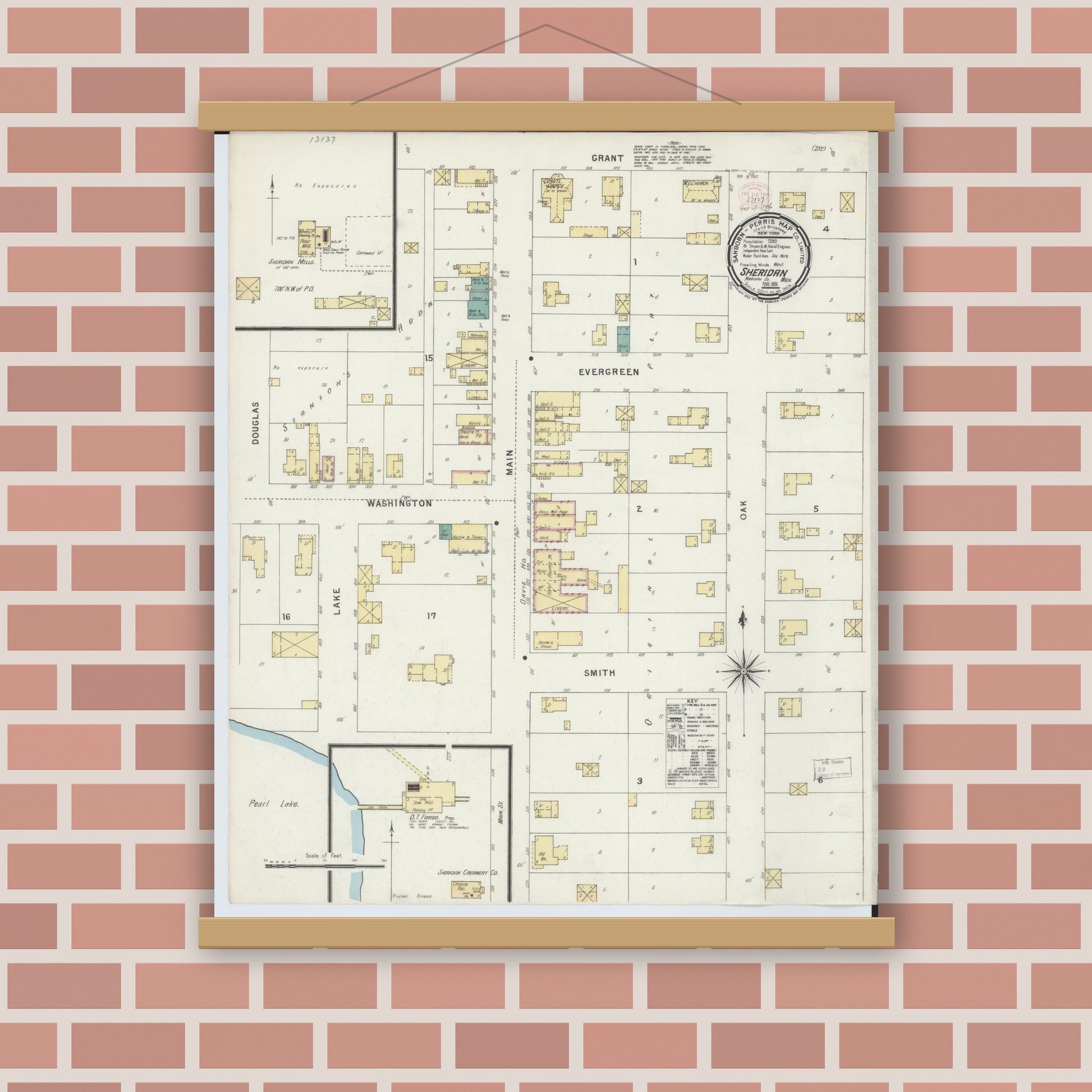 Old map wall art mockup — magnetic wood frame on brick wall — Sanborn Fire Insurance Map from Sheridan, Montcalm County, Michigan (1896), Sheet #0001