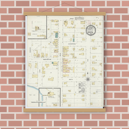 Old map wall art mockup — magnetic wood frame on brick wall — Sanborn Fire Insurance Map from Sheridan, Montcalm County, Michigan (1896), Sheet #0001