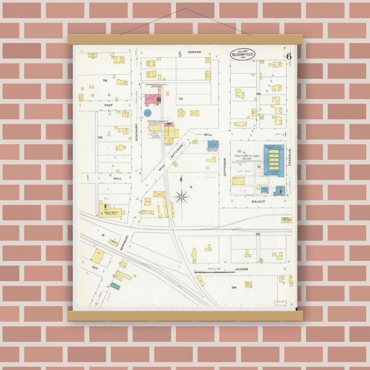 Old map wall art mockup — magnetic wood frame on brick wall — Sanborn Fire Insurance Map from Bloomfield, Greene County, Indiana (1907), Sheet #0006