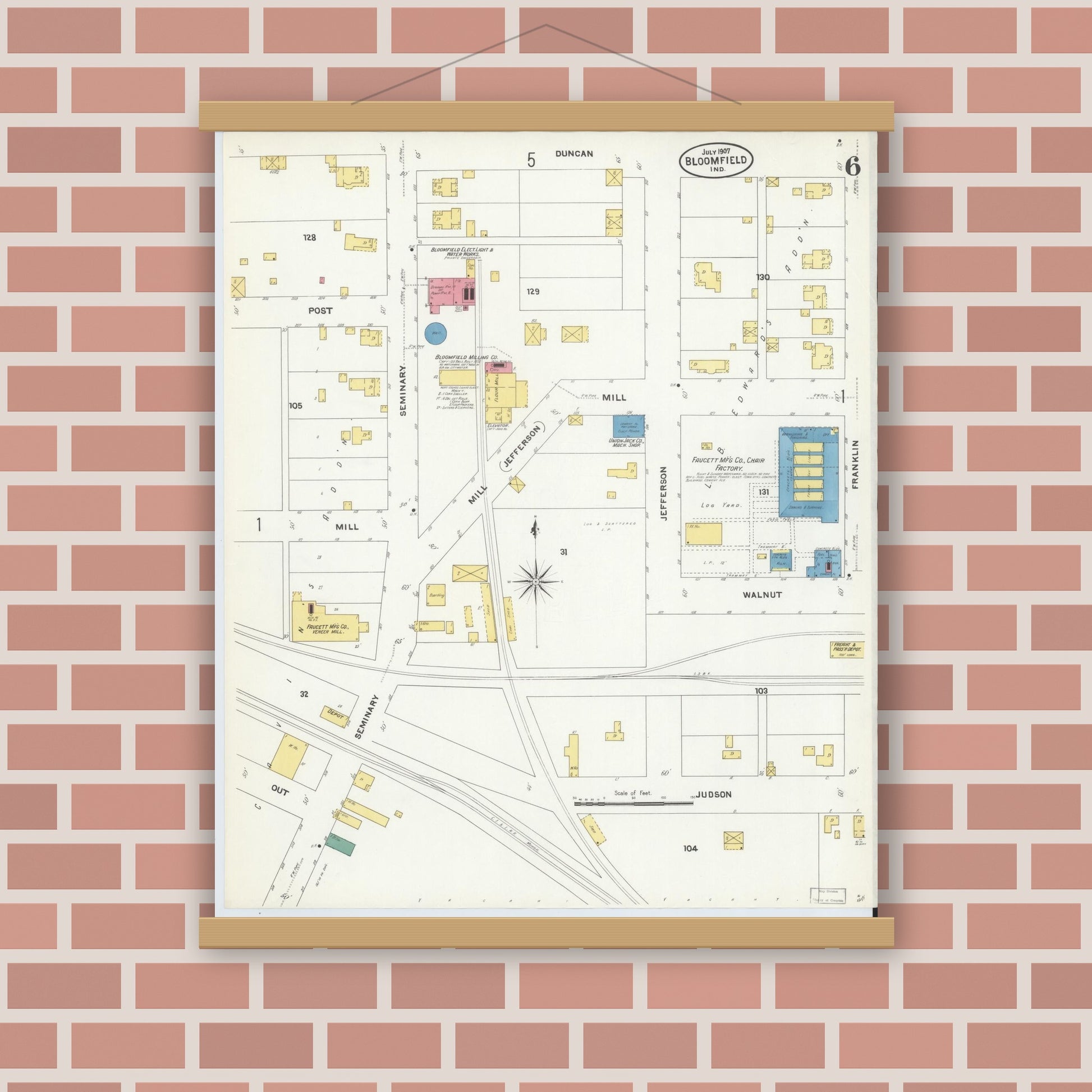 Old map wall art mockup — magnetic wood frame on brick wall — Sanborn Fire Insurance Map from Bloomfield, Greene County, Indiana (1907), Sheet #0006