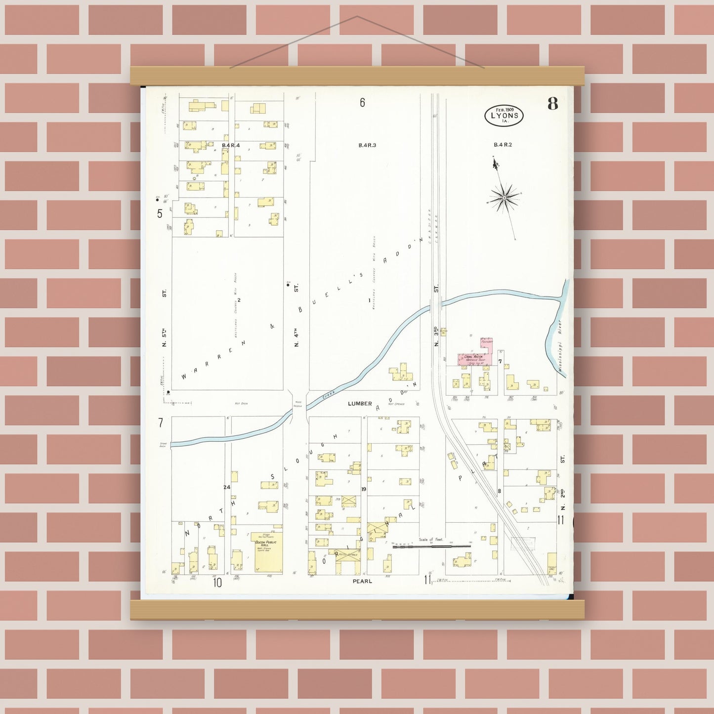 Old map wall art mockup — magnetic wood frame on brick wall — Sanborn Fire Insurance Map from Lyons, Clinton County, Iowa (1909), Sheet #0008