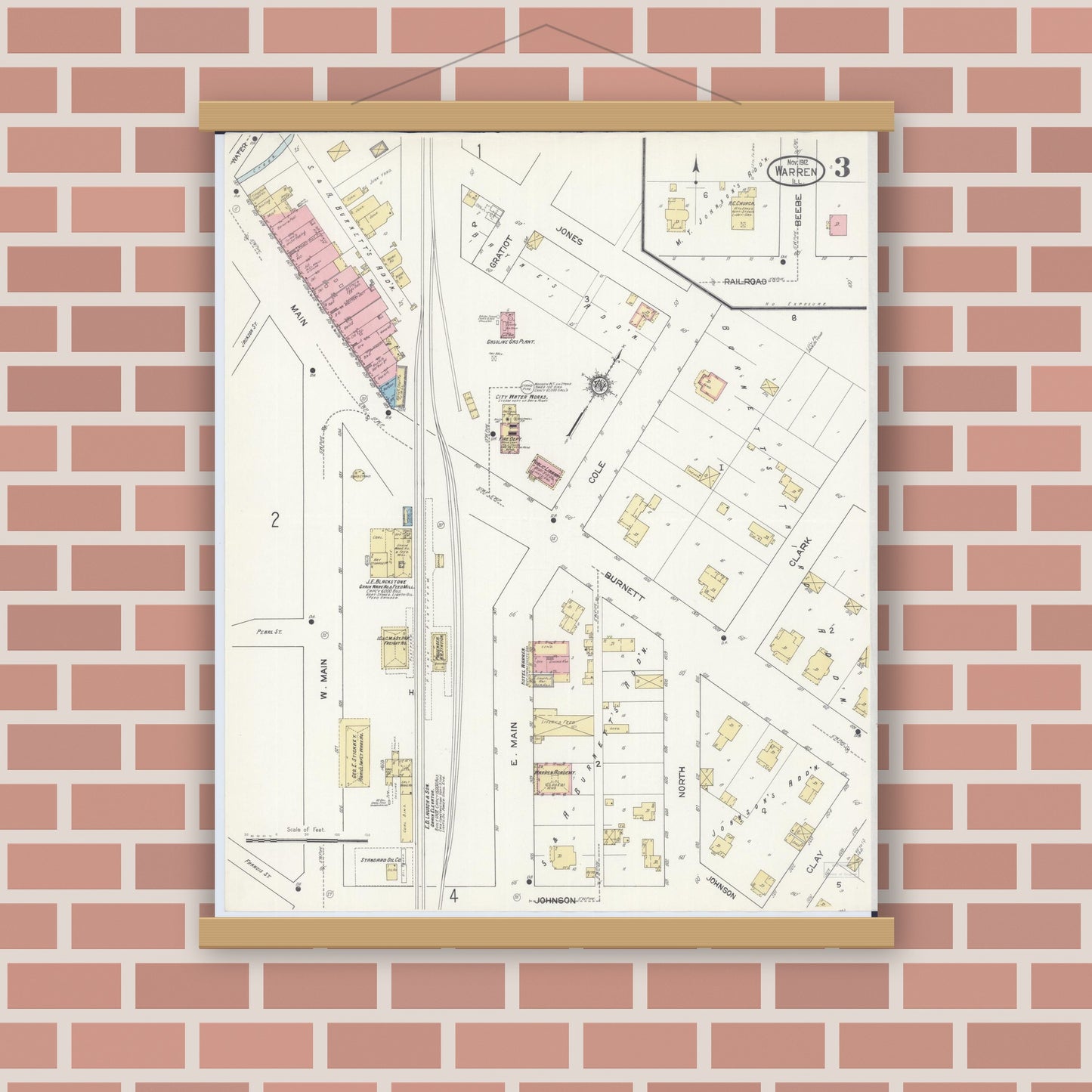Old map wall art mockup — magnetic wood frame on brick wall — Sanborn Fire Insurance Map from Warren, Jo Daviess County, Illinois (1912), Sheet #0003