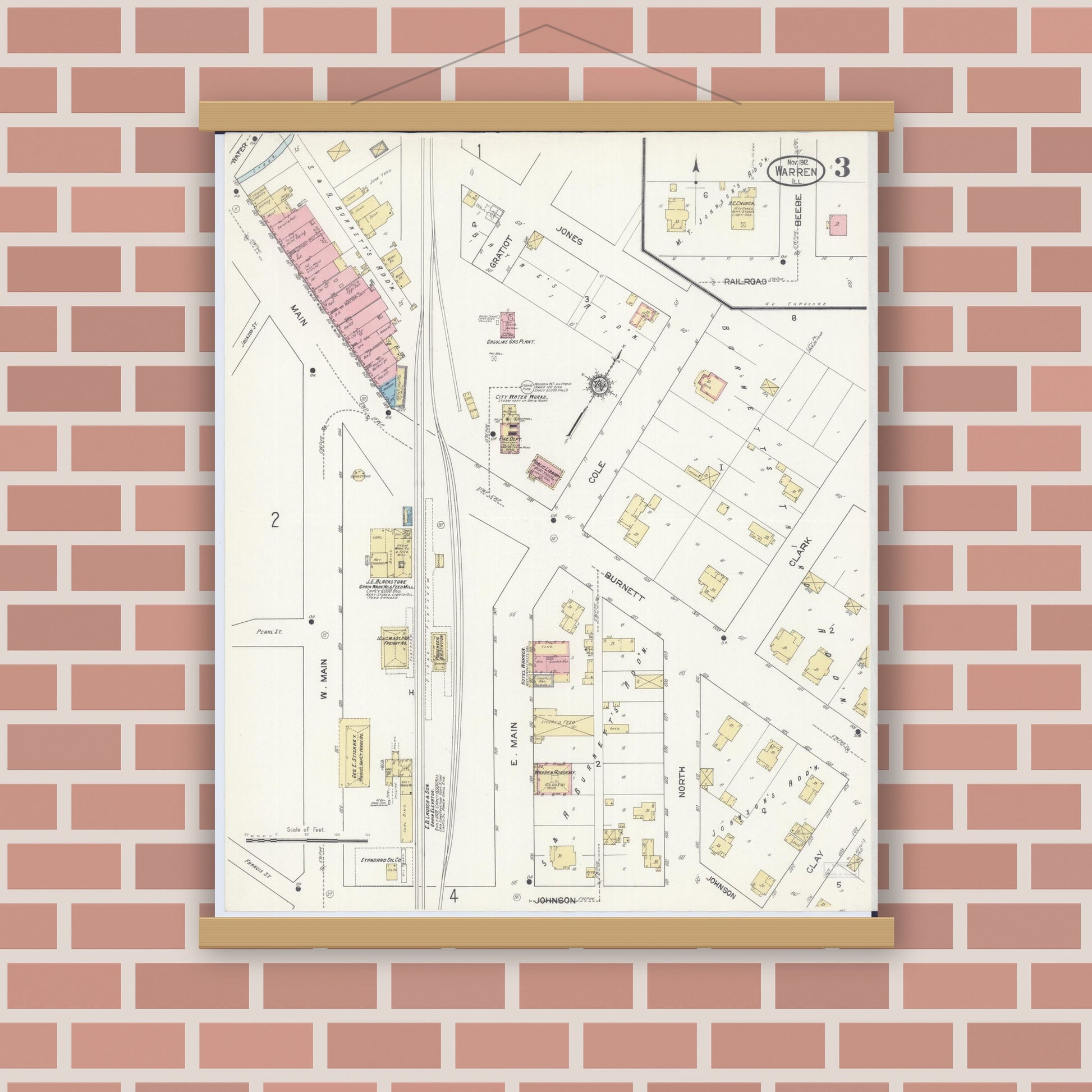 Old map wall art mockup — magnetic wood frame on brick wall — Sanborn Fire Insurance Map from Warren, Jo Daviess County, Illinois (1912), Sheet #0003